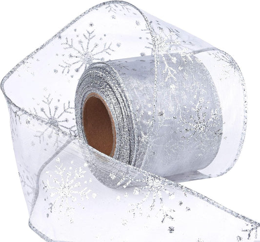 2.5 Inch Wide Christmas Wired Ribbon Snowflake Organza Sheer Glitter Ribbon for Xmas Tree, Wreath, Party Decoration, Gift Wrapping (Silver, 32.7 Foot (Pack of 1))
