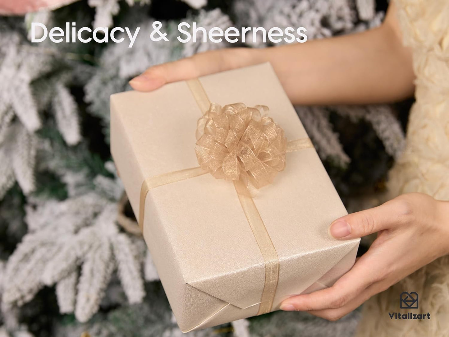 Vitalizart Organza Ribbon 3/8" x 30 Yd Cream White Rose Gold & Dusty Green Sheer Ribbons for Gift Wrapping Crafts Christmas Party Decor Bows Wedding Invitations Wreaths Bouquet