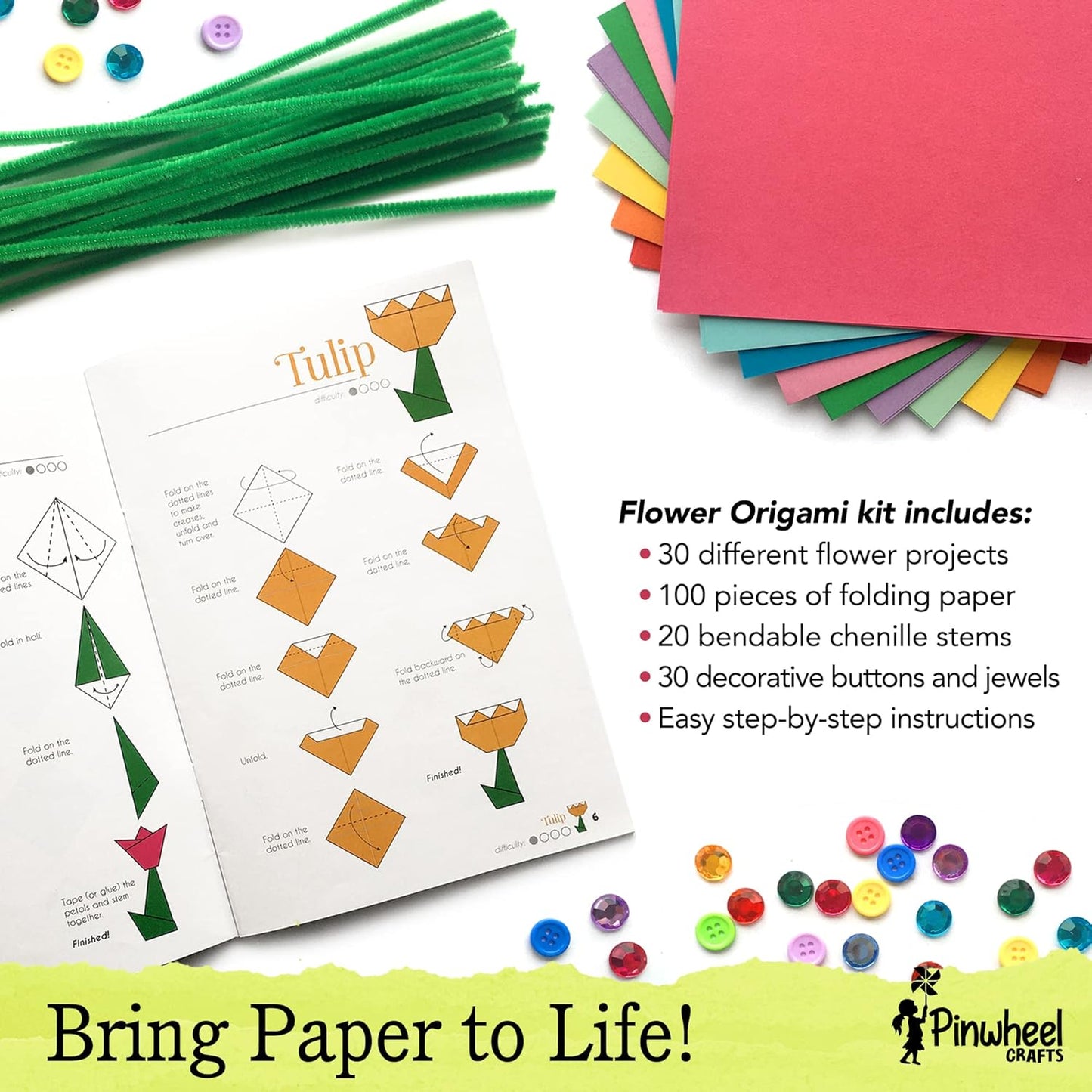 Pinwheel Crafts Origami Papers Kit - Multicolor Flower Origami Kit for Kids,Teens and Adults Ages 6 7 8 9 10 11 12+, Arts and Paper Crafts for Kids 150 Pcs - Fun Foldable Gift
