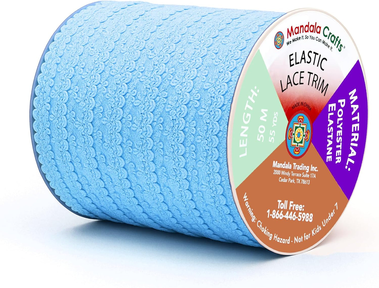 Mandala Crafts Baby Blue Stretch Lace Soft Elastic Trim Roll - 55 Yards 1 Inch Wide Stretchy Frilly Picot Ribbon for Sewing Lingerie, Headbands, Underwear, and Crafts
