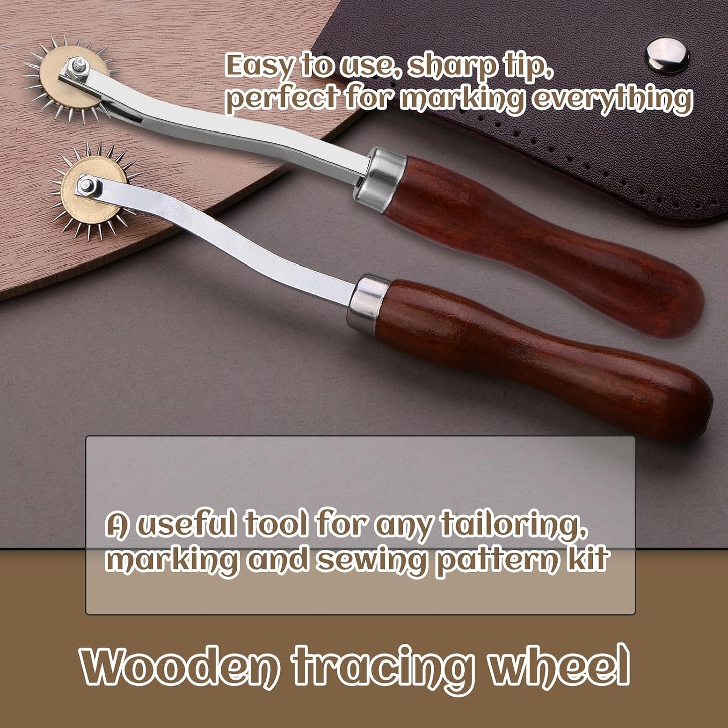 LUNARM 2 PCS Tracing Wheel Sewing Tool - Professional Stitch Marking Spacer, 4mm Leather Needle Point Tracing Wheel with Wooden Handle for Arts and Leather Crafts