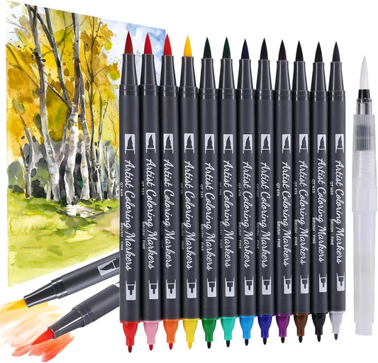 12 Colors Blendable Watercolor Markers 2025 Upgrade Double Tip Paint Pens with 1 Water Brush Pen Water Based Coloring Pens Drawing Markers Set with Flexible Brush Tip for Artists and Beginners