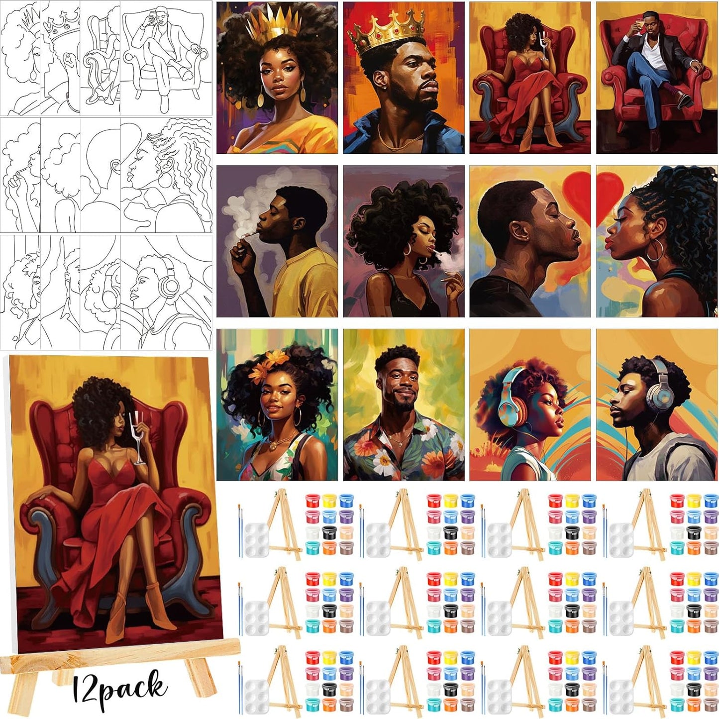 Zhanmai 12 Pack Pre Drawn Canvas for Painting Sip and Paint Kit 8" x 10" Paint Party Set Canvas Painting Pre Printed Canvases for Party Favor DIY Virtual Adult's Date Night(Fashionable Couple)