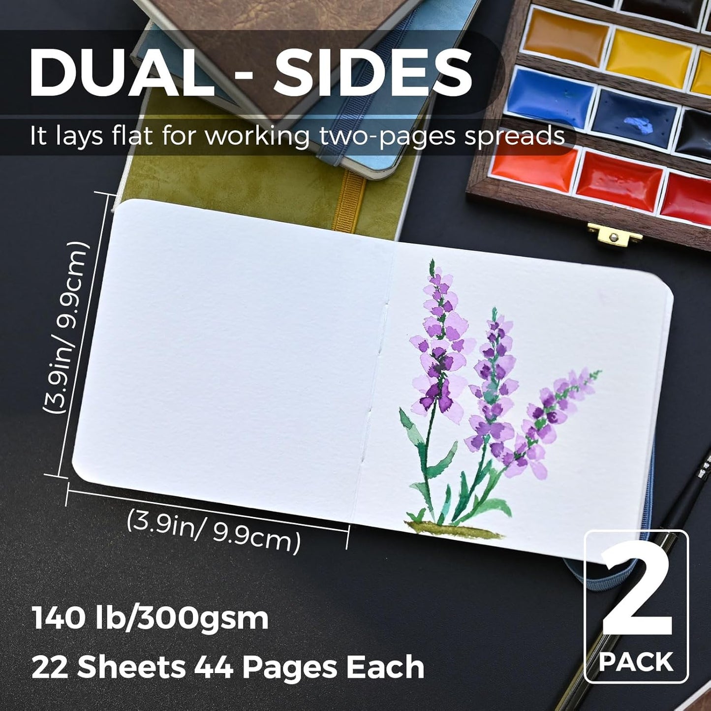 Funto Watercolor Journal 2-Pack, 3.9x3.9, 44 Pages Each,Hot-Pressed 100% Cotton, PU Leather Green Hard Cover, Art Supplies for Mixed Media
