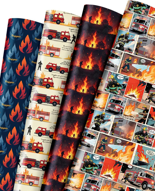 Pineraap 12 Sheets Firefighter Themed Wrapping Paper, Fire Safety Gift Wrap for Firefighter, Folded Flat Art Paper for Birthday Parties, Fireman Theme Favors, Thank You & Appreciation,19.7 x 27.6 Inch