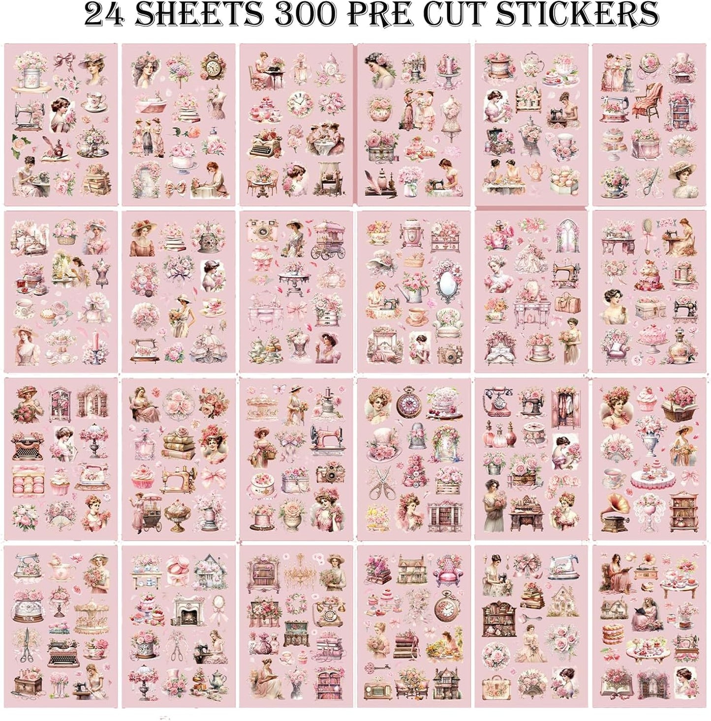 Vintage Ephemera Sticker 24 Sheets precut 300 washi Stickers Paper People Journal Stickers for Adults Junk journaling Sticker Book Scrapbooking Supplies