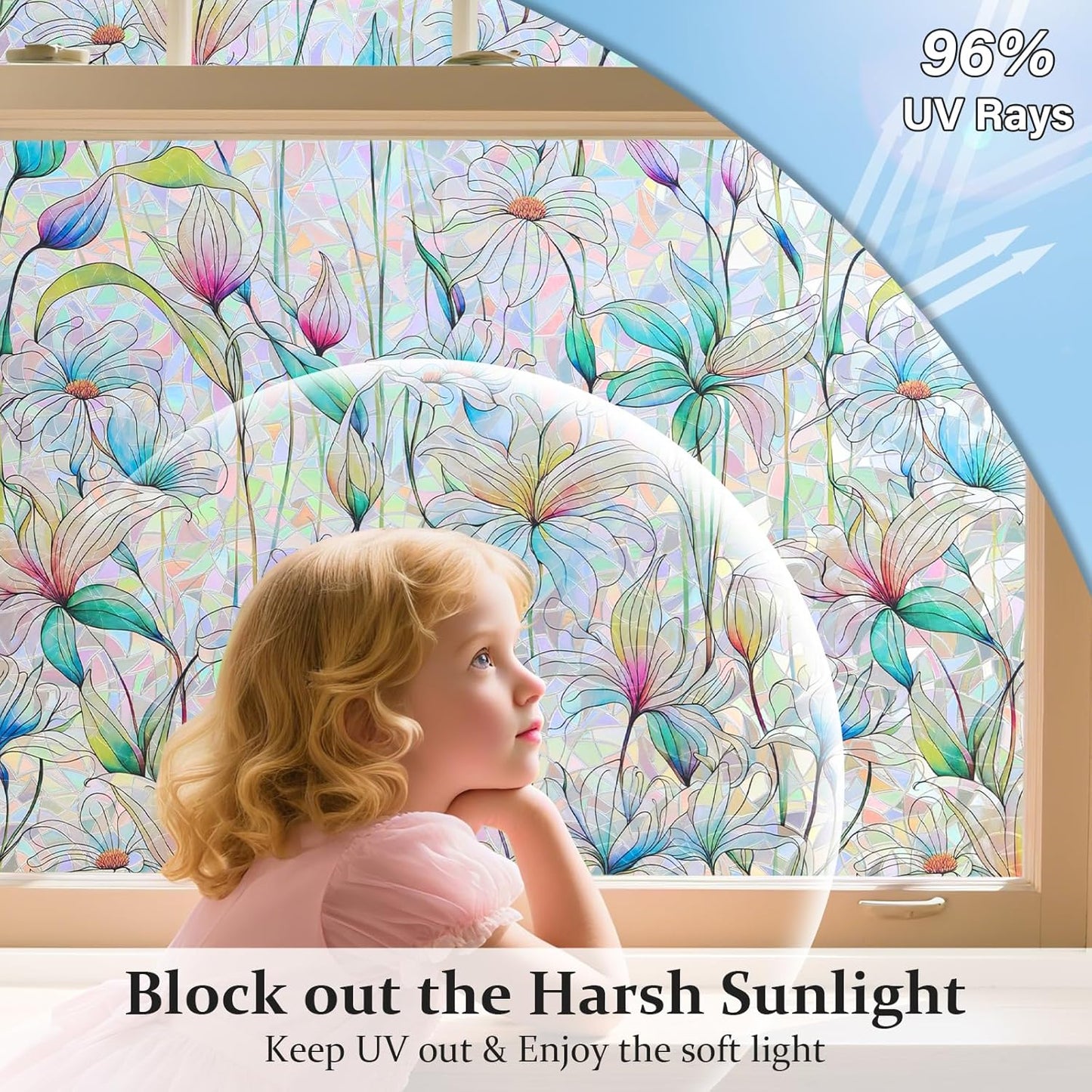 Donox Decorative Window Privacy Film, 3D Floral Stained Glass Window Film Static Cling Rainbow Privacy Sticker for Glass Door Heat Control Anti UV, No Adhesive (Magnolia,35.4 x 78.7 inches)