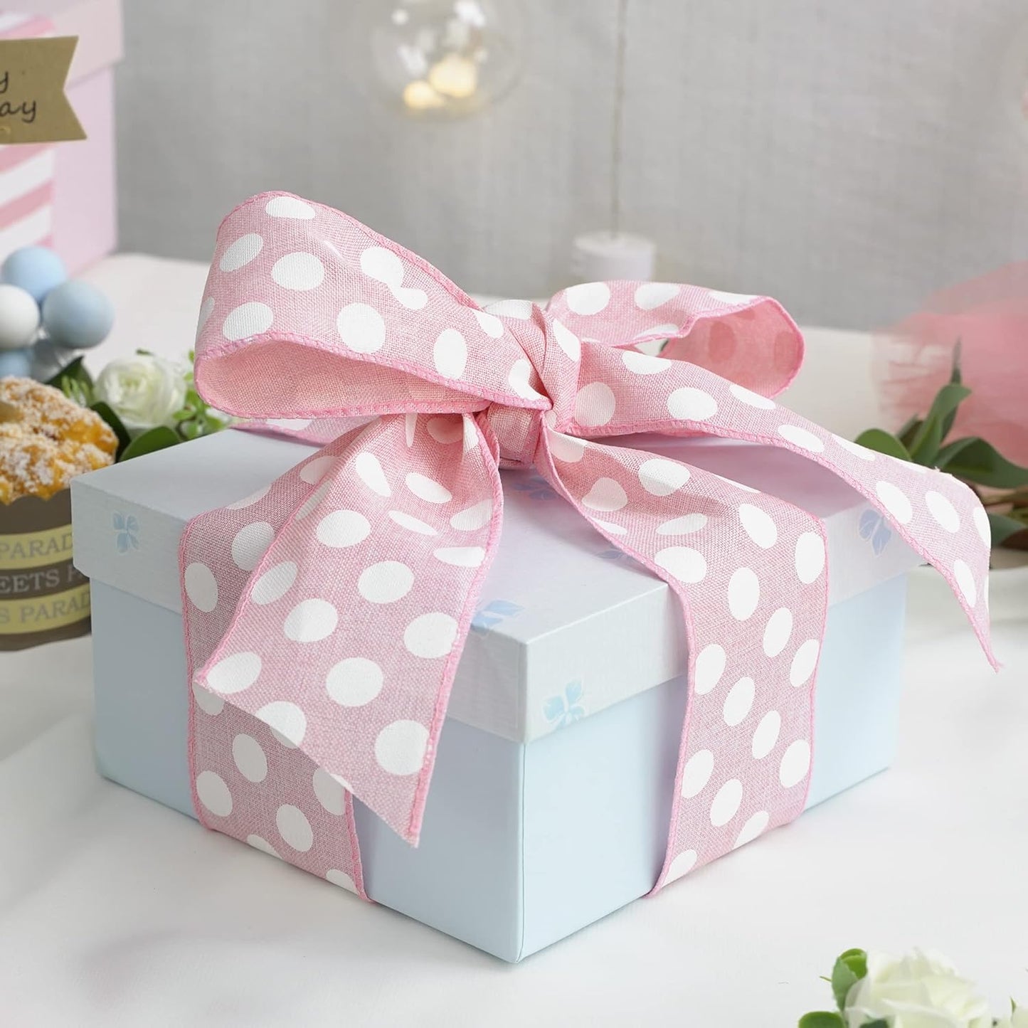 MEEDEE Pink Polka Dot Ribbon - 2.5 inch Wired Ribbon for Baby Girl Wreaths & Crafts, 10 Yards