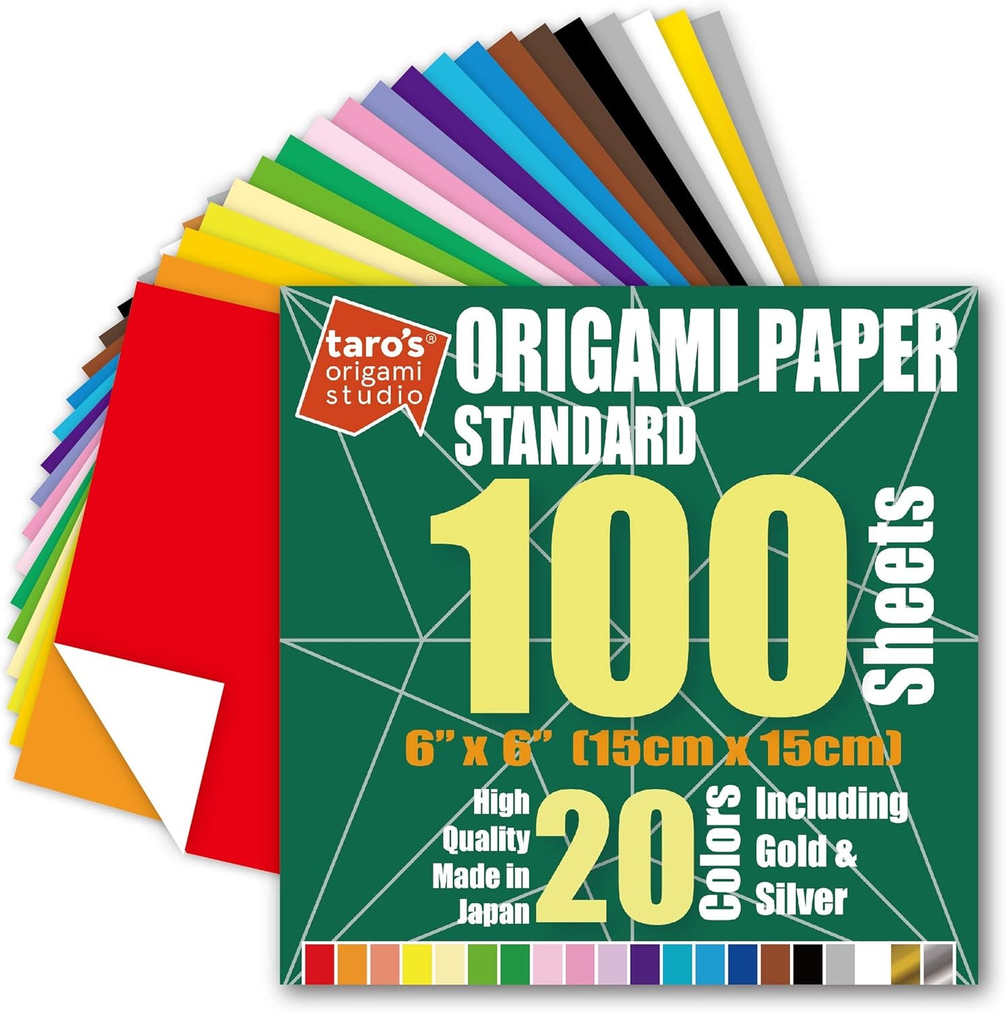 [Taro's Origami Studio] Standard 6 Inch One Sided 20 Colors 100 Sheets Square Easy Fold Premium Japanese Paper for Beginner (Gold and Silver Included) Made in Japan