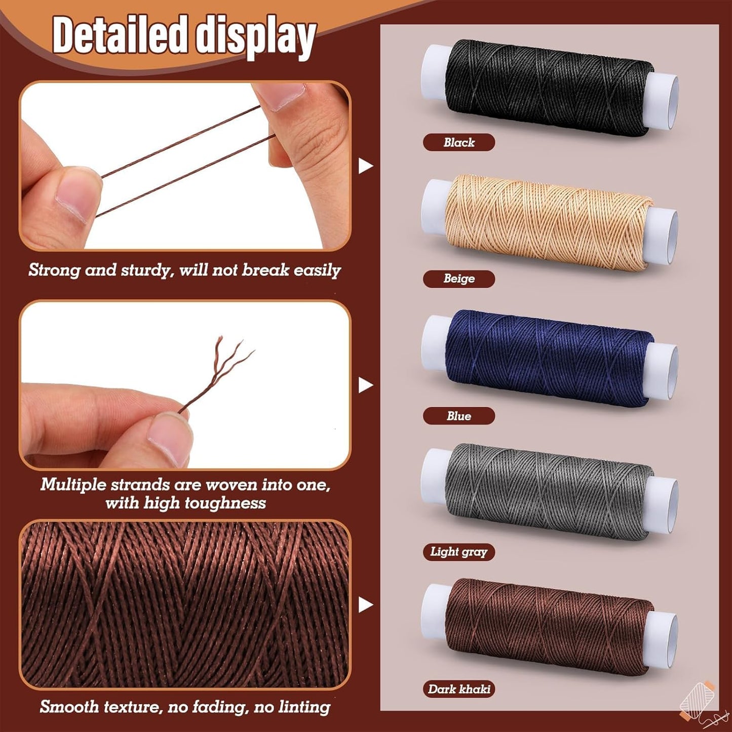 0.55 mm 54 Yards Leather Thread for Sewing, Round Waxed Thread for Stitching, Bookbinding, Bracelet, Braiding (Dark Khaki)