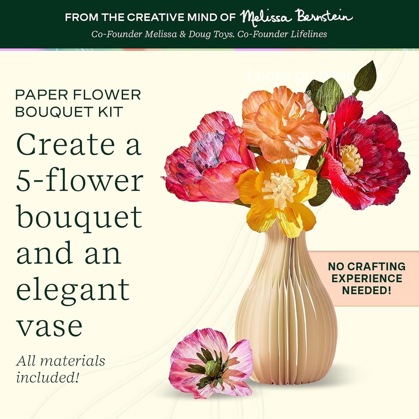 Lifelines FlowCrafts, Paper Flower Bouquet - Create a 5-Flower Bouquet with 80+ Petals, 2 Leafy Sprigs & Elegant Vase - Sensory Arts & Crafts Kit for Teens & Adults - Paper Decorations