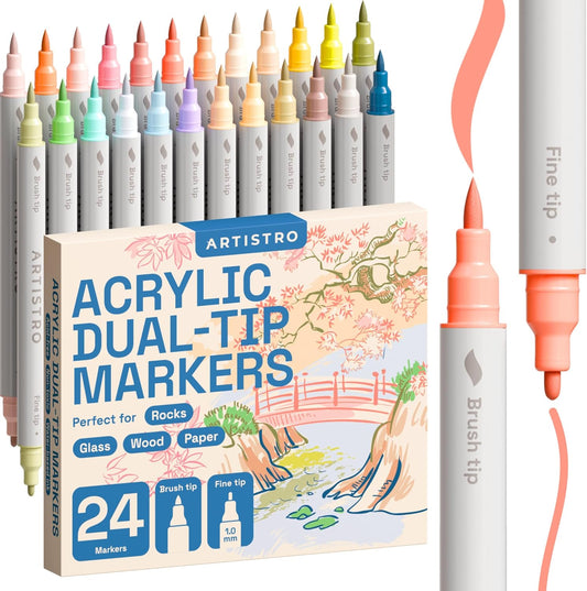ARTISTRO 24 Pastel Dual Tip Brush + Fine Acrylic Paint Markers - Easy for All Ages & Levels Paint Pens for Fabric, Rock, Glass, DIY - Halloween Pumpkin Painting Kit, Art Supplies, Christmas Gift