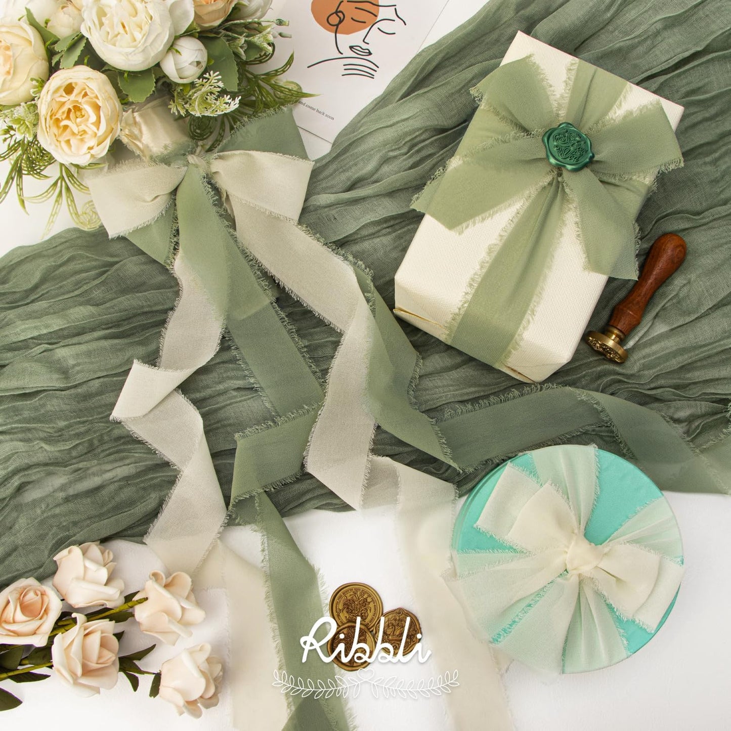 Ribbli Fall Ribbon 1.5 inch x 30 Yard Handmade Silk, Ivory/Dusty Sage/Terracotta Fringe Chiffon Ribbon for Wedding Invitations, Bridal Bouquets Wrapping, Flower Arrangement Decoration
