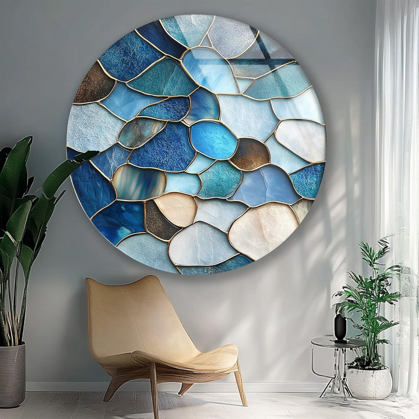 My Photostation.com 20''(50cm) Diameter Coastal Blue Stone Mosaic Round Glass Wall Art Tempered Glass Printing Wall Decor Large Wall Art Wall Hangings