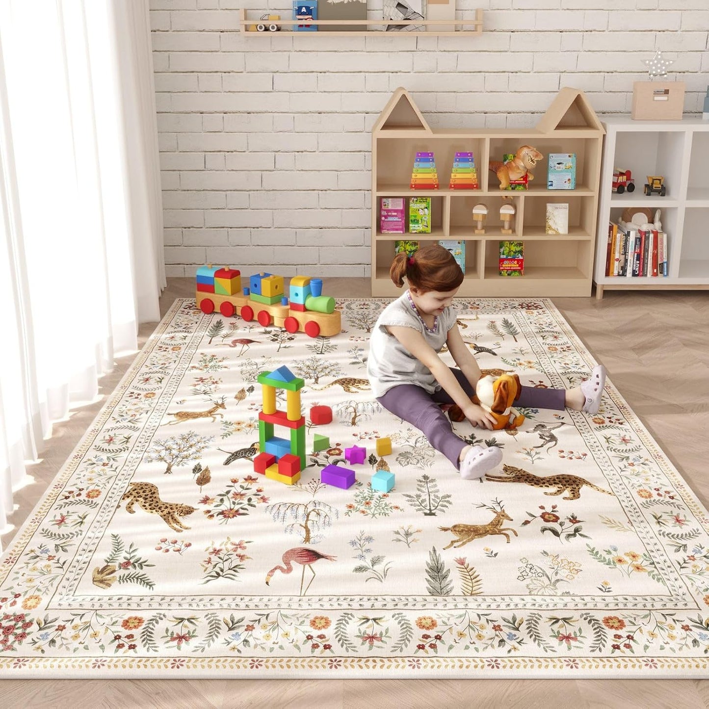 Rugcomf Area Rugs 8x10 Rug for Living Room Clearance Washable Boho Area Rug Non Slip Floral Animal Vintage Low Pile Large Rug for Living Room, Bedroom, Farmhouse, Dining Room, Kids Playroom (Beige)