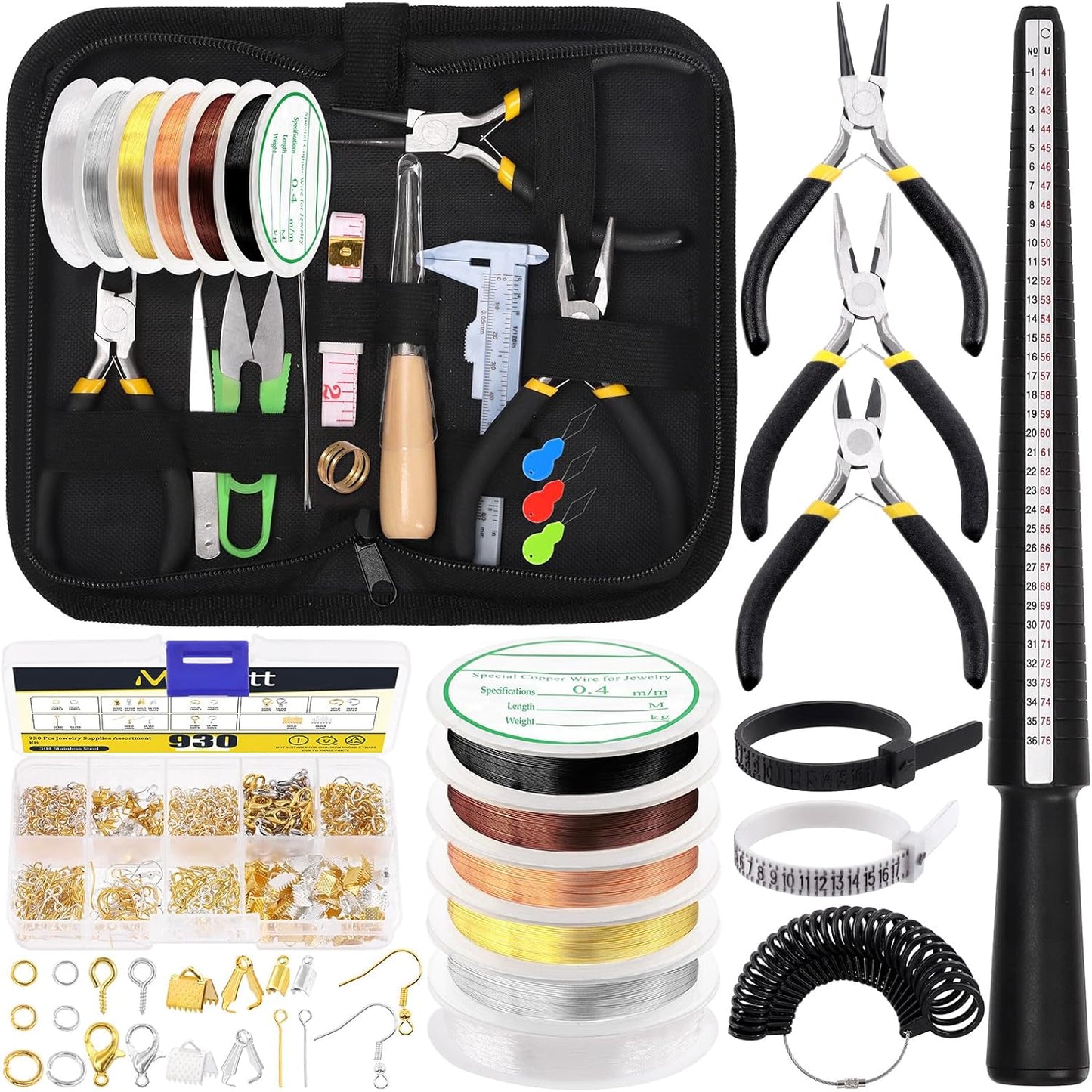 Mardatt 957Pcs Jewelry Making Supplies Kit - Includes Pliers, Ring Sizer, Wires, Opener & Other Findings for Jewelry Making & Repair