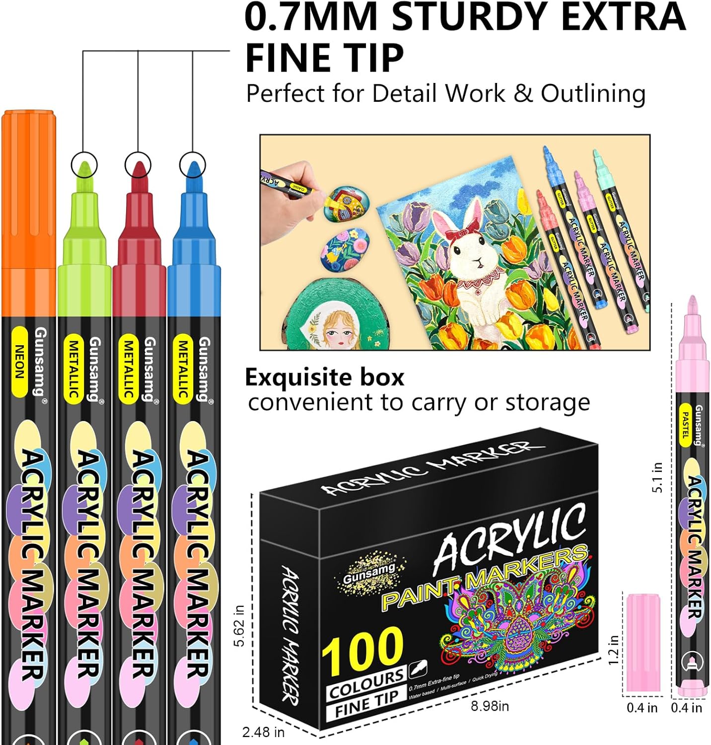 Gunsamg Fine Tip Acrylic Paint Markers – 100 Colors Acrylic Paint Pens for Rock, Glass, Wood, Stone, Ceramic, Fabric, Metal, Canvas – Permanent Waterproof No Bleed Paint Pens for Crafts & Art Supplies