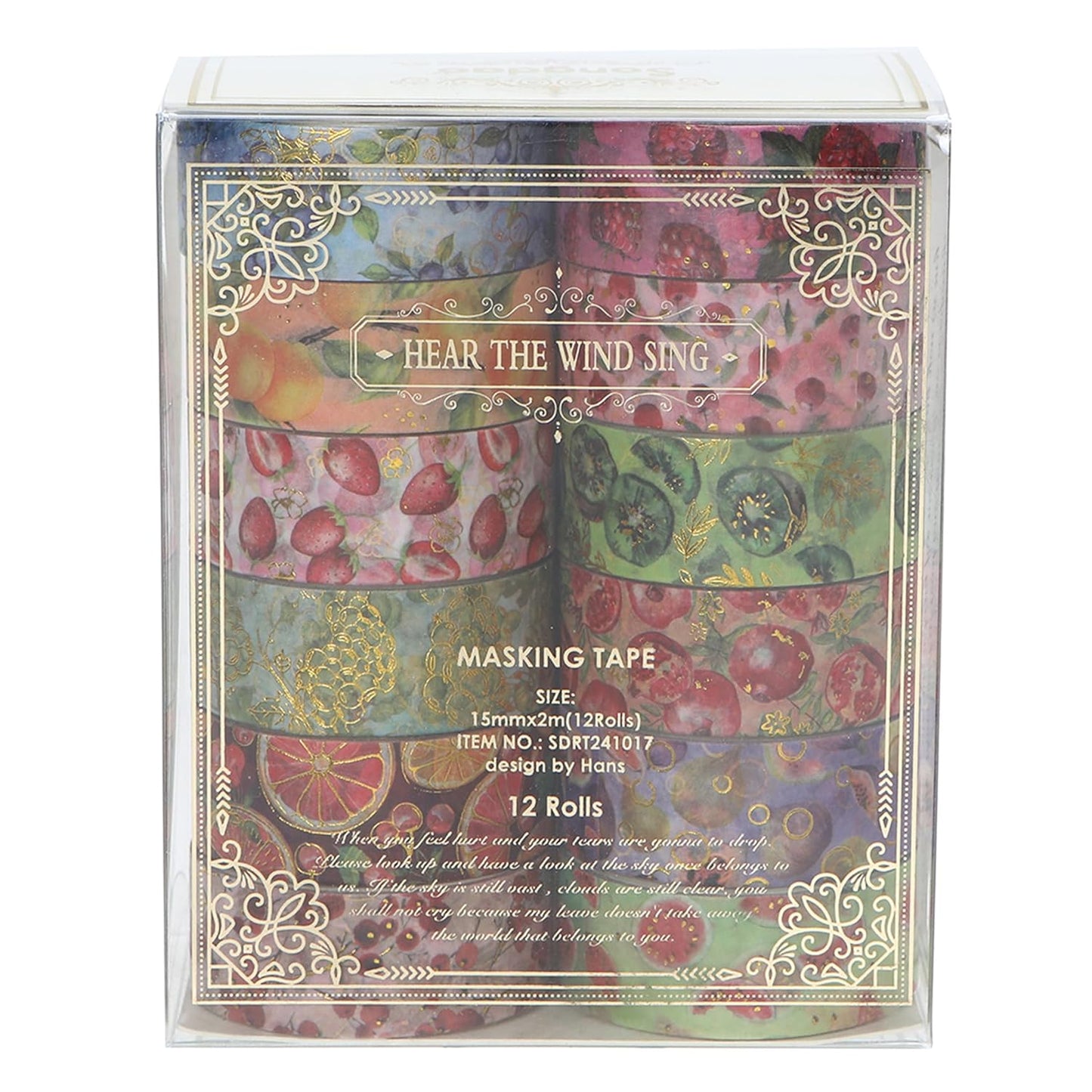 12 Rolls Charming Washi Tape Set Gold Silver Foil Detailing Arts Adhesive Tapes Basic Patterns Decorative Masking Tape Sets for Craft, Kids, Scrapbook, DIY, Gift Wrapping (Fruits Feast)