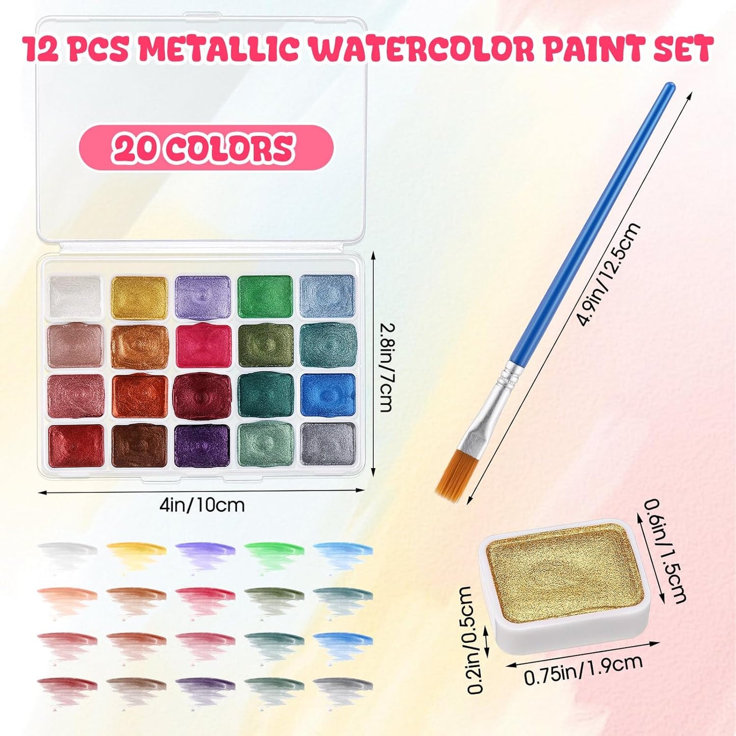 Nuanchu 12 Sets Metallic Watercolor Paint Set 20 Colors Glitter Solid Water Color Paint Bulk with Painting Brush for Art Studios Painting Nights School Students Beginners Holiday Gifts, Dunhuang Style