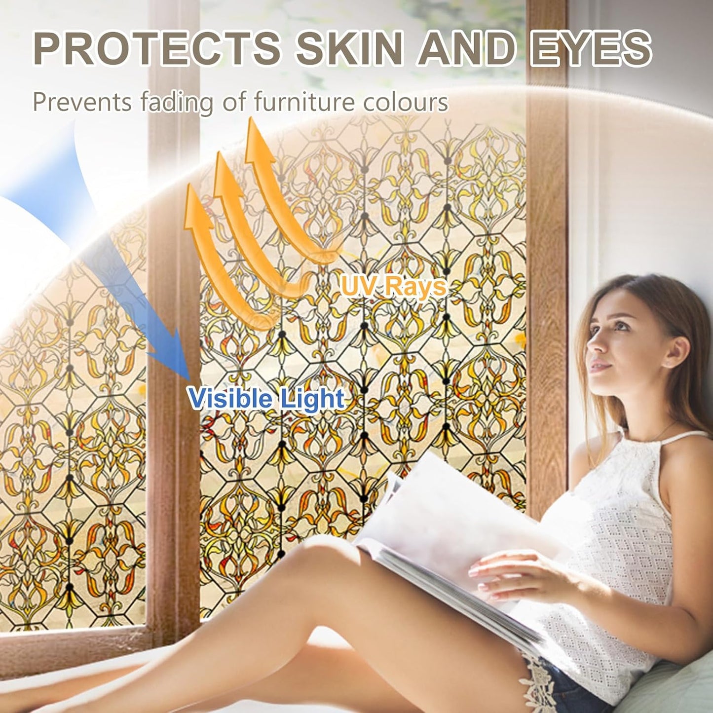 3D Stained Glass Window Privacy Film, Heat Control UV Blocking Static Cling Decorative Window Film for Bathroom,Front Door,Home Non Adhesive 23.6 x 35.4 inches Golden Filigree