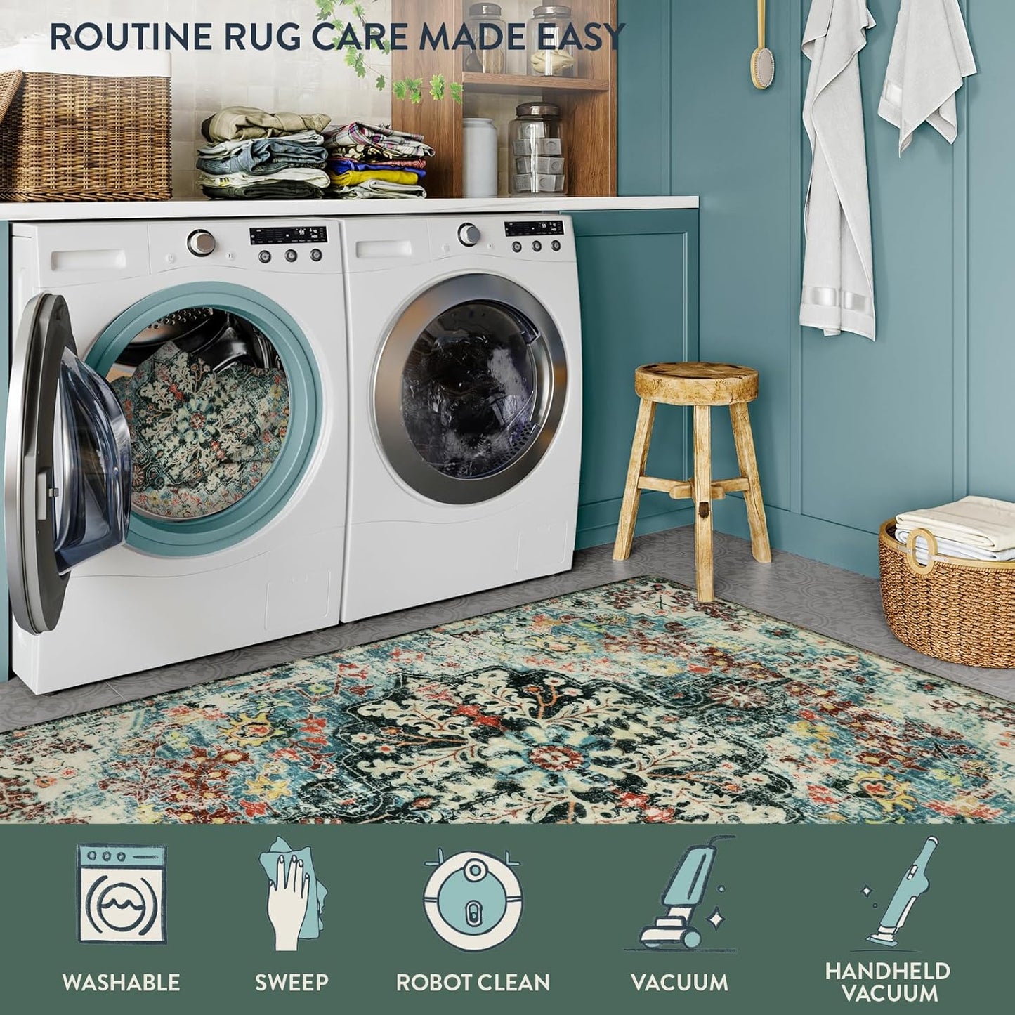 Lahome Bohemian Floral Medallion Area Rug - 5x7 Teal Large Washable Rugs for Living Room Soft Rugs for Bedroom, Turkish Non Slip Indoor Throw Carpet for Apartment Dining Room Entry Way