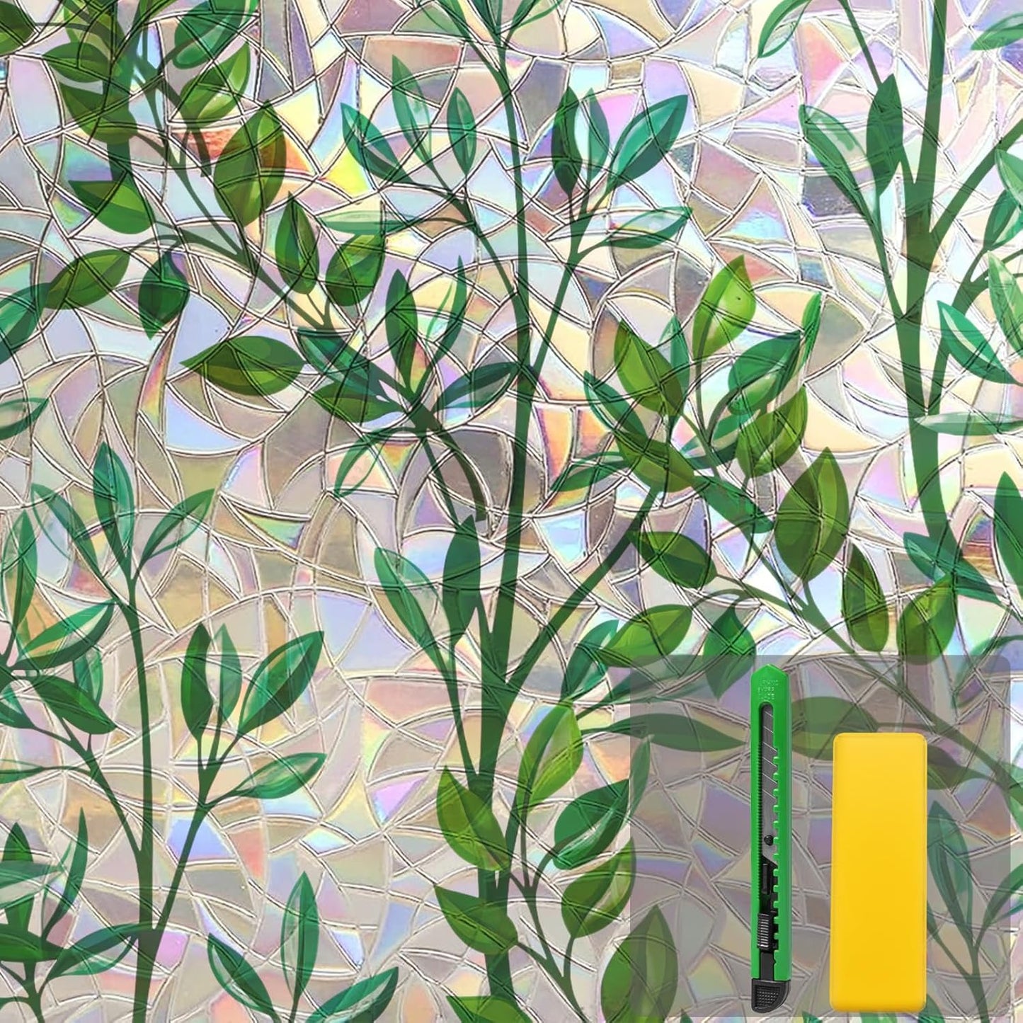 Niviy Window Privacy Film Stained Glass Window Film with Installation Tools, Rainbow Windows Decorative Decals Non-Adhesive Reusable for Home, Bathroom, Glass Door (Leaf Rainbow, 11.8 x 78.7 in)