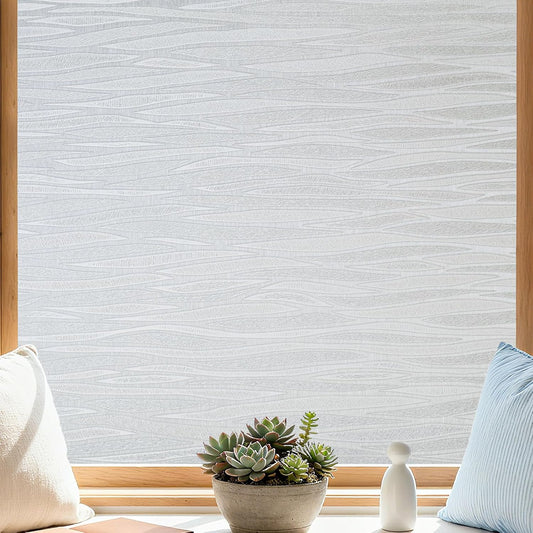 Finnez Frosted Privacy Window Film Static Cling, Non-Adhesive Decorative Cover for Glass Door & Windows, No Glue Removable Clings UV Blocking Waves Design for Home Office 35.4 x 157.4 Inches