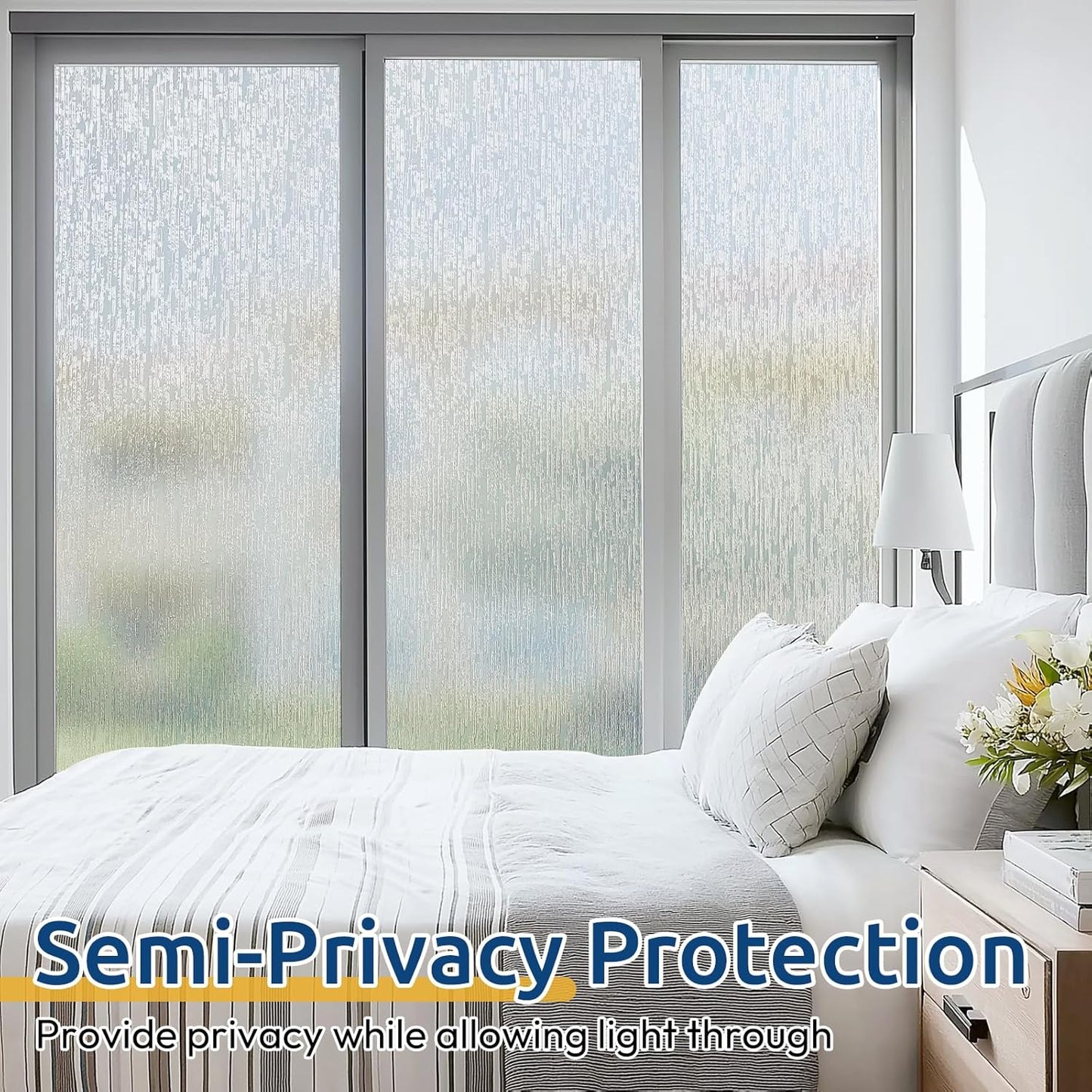 rabbitgoo Window Privacy Film Frosted Glass Clings, Decorative Sun UV Blocking Static Cling Window Covering, Removable Frosting Sticker for Home, Rain Silk, 23.6 x 157.4 Inches