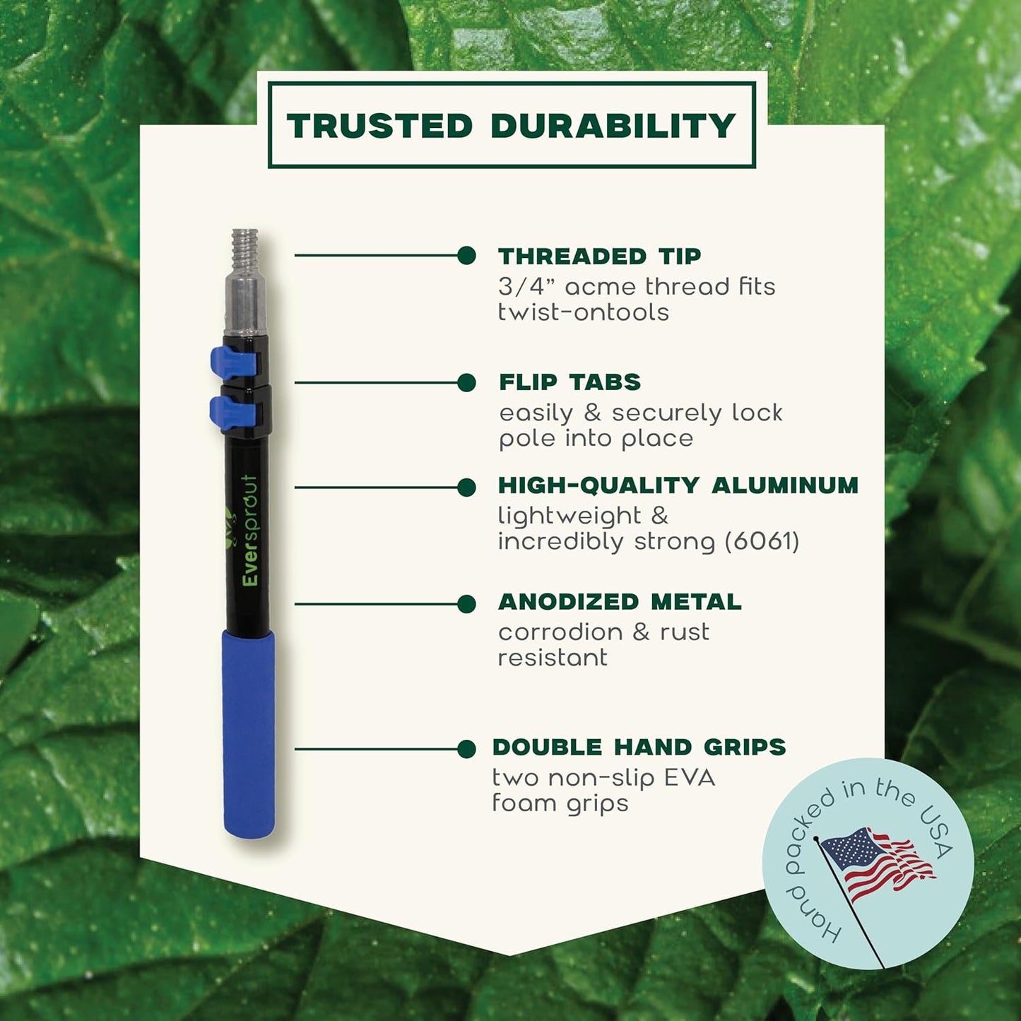 EVERSPROUT Pro Pole, 5-to-12 Foot Heavy Duty Extension Pole (3-Stage), Lightweight Anodized Aluminum, Telescoping Pole - Fits Standard ACME Threaded Adaptor for Cleaning, Squeegee, Bulb Change & More