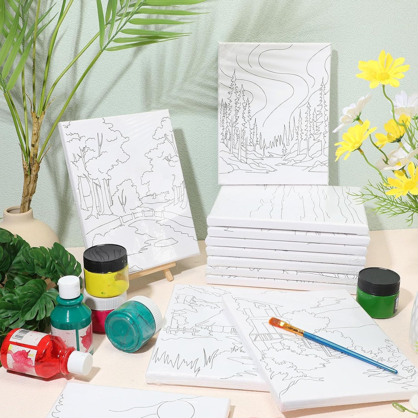 Zhanmai 12 Pack Pre Drawn Canvas for Painting Sip and Paint Kit 8" x 10" Paint Party Set Canvas Painting Pre Printed Canvases for Party Favor DIY Virtual Adult's Date Night(Natural Scenery)