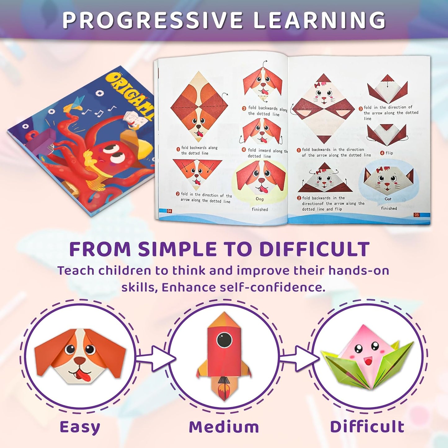 MOBYKE 238 Sheets Origami Paper, Oragami kit for Kids ages with 54 Patterns Projects, Double Sided Colored Blank Orgami Bulk Folding Book, Square Craft Patterned Papers Gift Set for Beginners Boy Girl