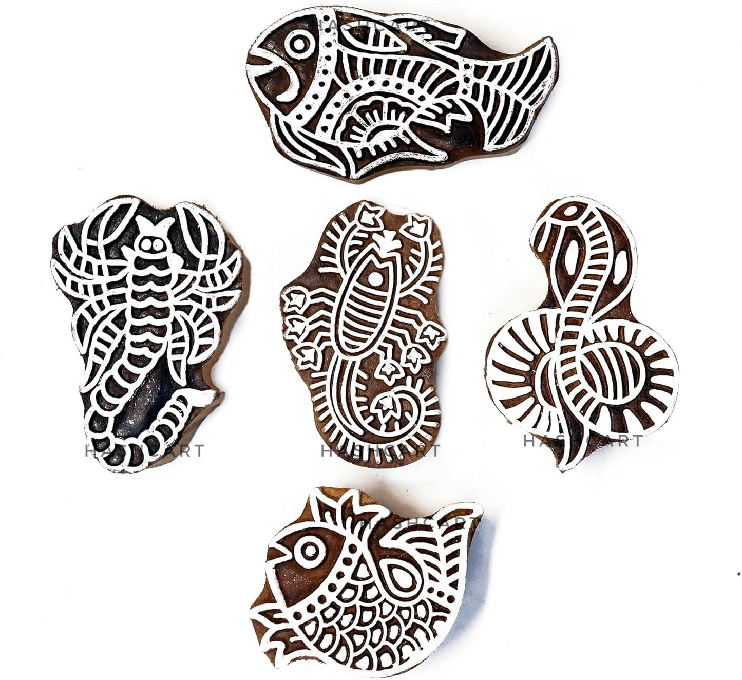 Wooden Stamp Block for Printing - Handcarved Indian Textile Printing Blocks for DIY Craft Card Making, Project Designing, Clay, Pottery, Tattoo Print HASHCART® | Set of 5 |