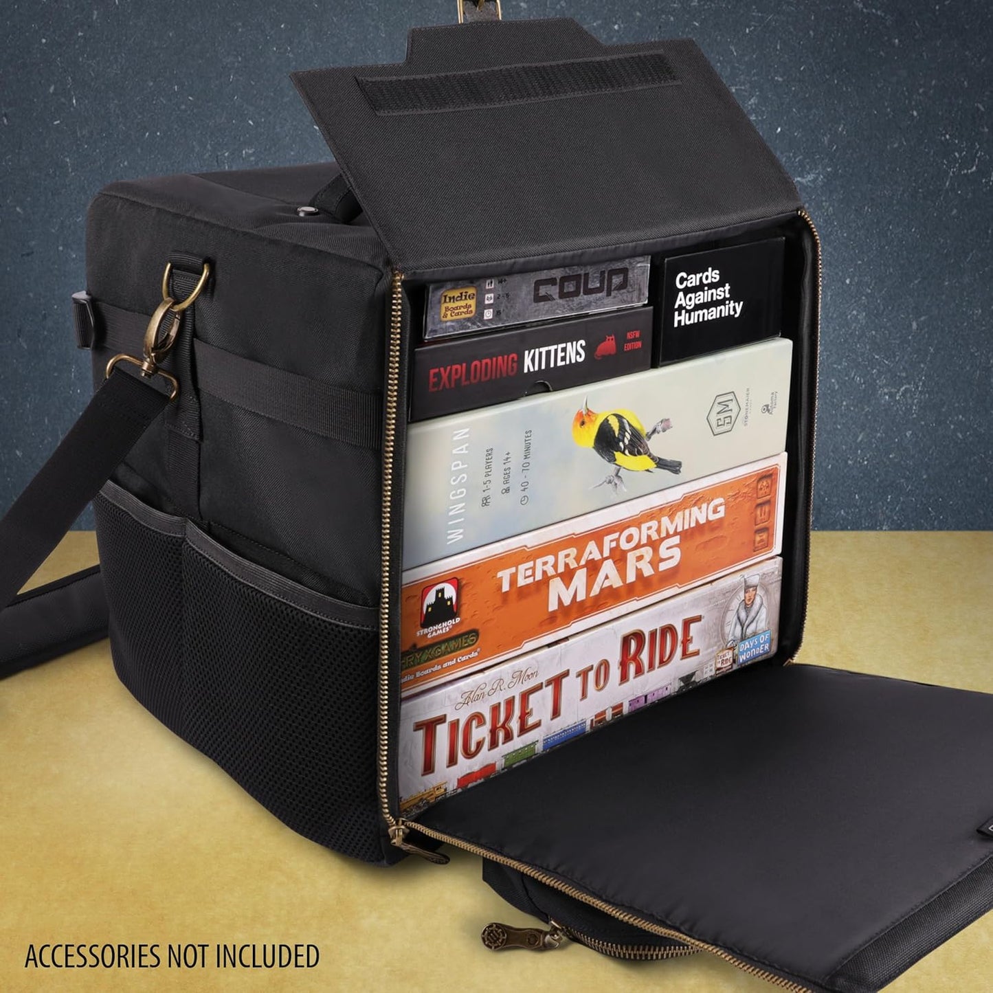 ENHANCE Board Game Shoulder Bag - Reinforced Board Game Storage with Padded Shoulder Strap and Accessories Pockets for Dice, Cards, More - Carrier Protects Tabletop Adventures