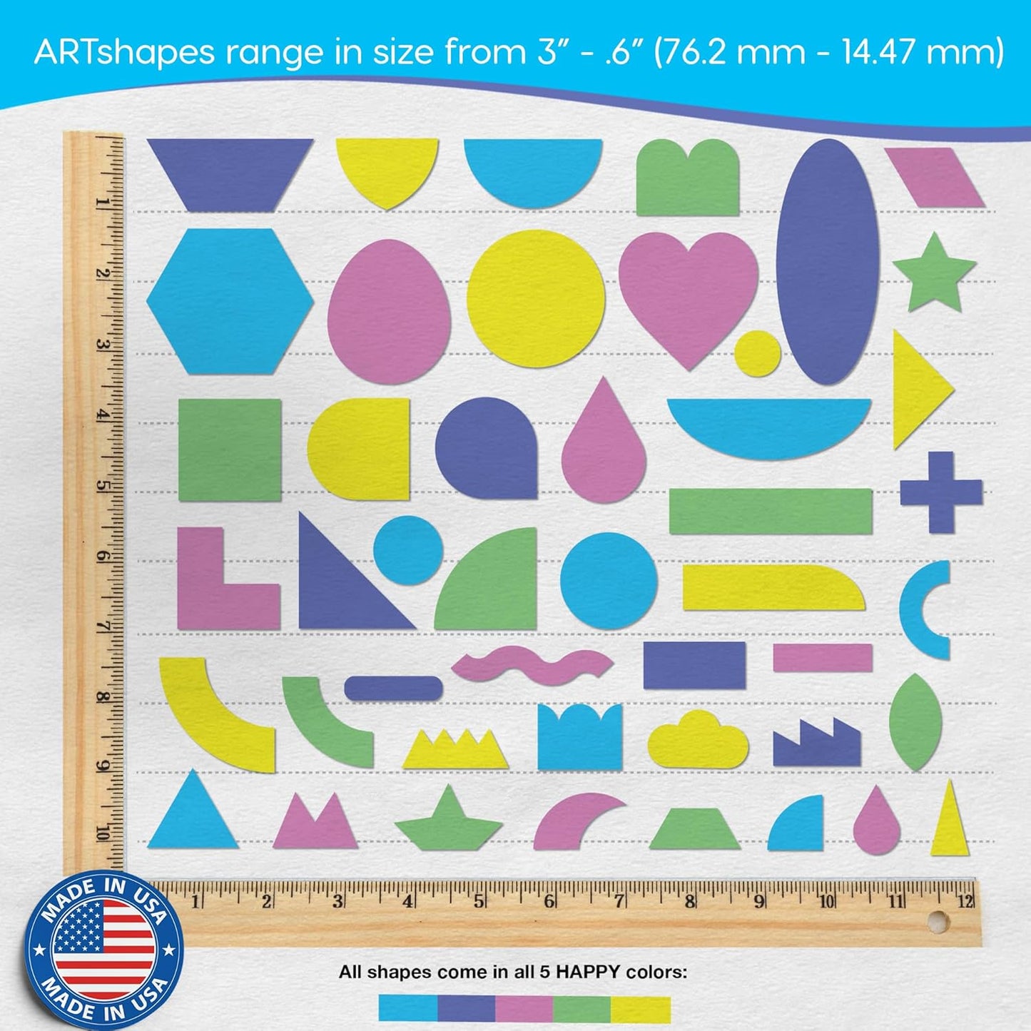 ARTshapes 840 pc Creative Paper Shapes Pack with 70+ Idea Guide - US Made Card Stock - Punch Out Funky DIY Craft Supplies for Whimsical Art Designs, Paper Crafts, and Pattern Play 5 Happy Colors