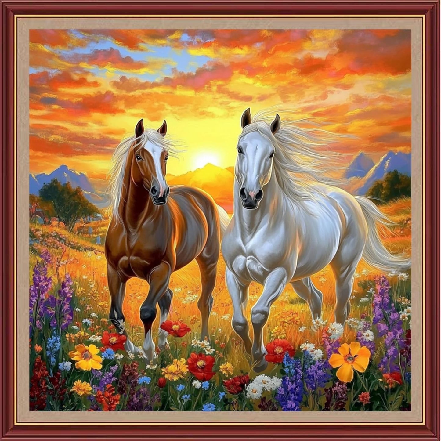 DMCXART Counted Cross Stitch Kits for Adults Needlepoint Kits Unprinted Cross Stitching Embroidery Kit 11CT Cross Stitch Supplies-Sunrise, Horse, Flower 18x18 inch