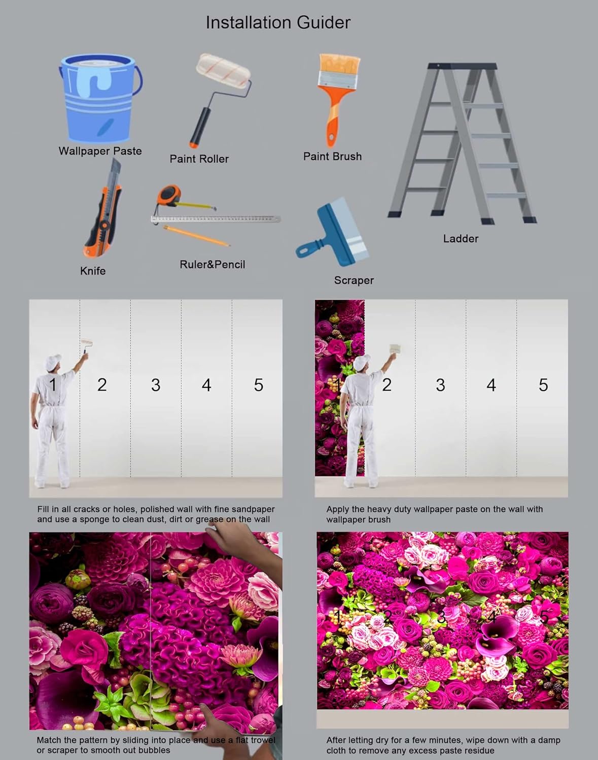 Rose Wall Mural Floral Photo Wallpaper Murals for Wall Decor for Living Room（Not Peel and Stick）