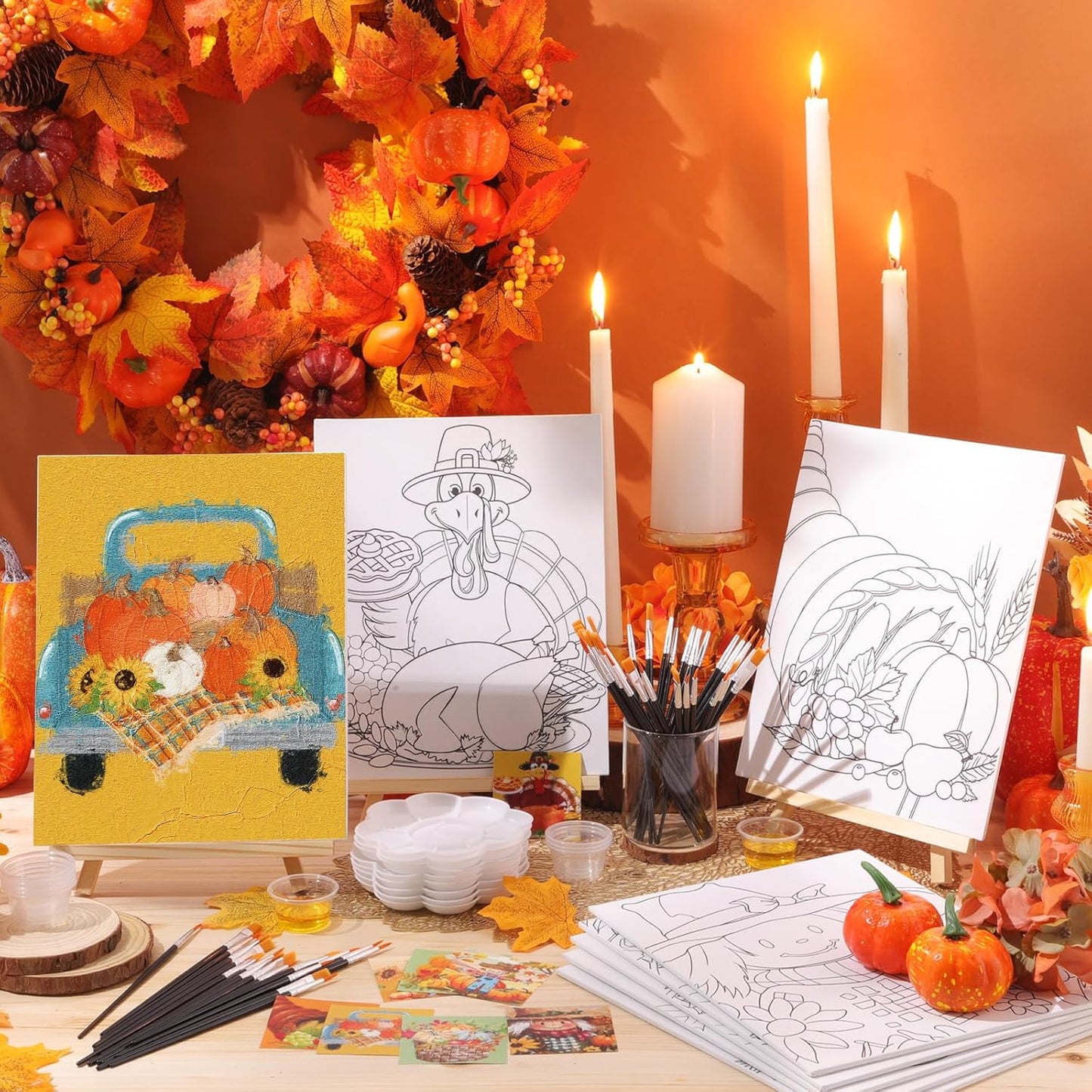 Cholemy 36 Pcs Paint and Sip Kit for Adults 8''x10'' Pre Drawn Canvas for Painting DIY Afro Acrylic Painting Kit Wood Easel Brushes Date Night Bulk for Christmas Party Gifts(Fall Scarecrow)