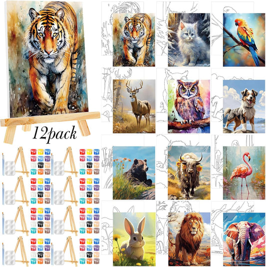 Zhanmai 12 Pack Pre Drawn Canvas for Painting Sip and Paint Kit 8" x 10" Paint Party Set Canvas Painting Pre Printed Canvases for Party Favor DIY Virtual Adult's Date Night(Animals)