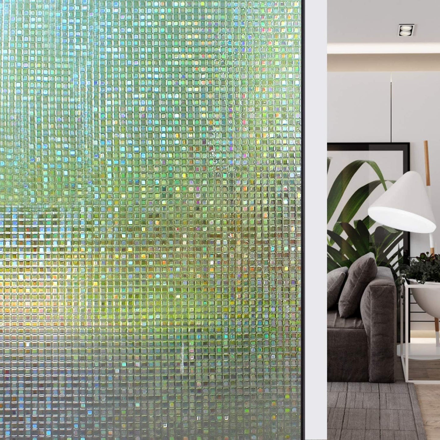HIDBEA 3D Window Privacy Film - Rainbow Decorative Clings, Heat Control Vinyl Glass Tint, Mosaic Patterns - 17.5 x 78.7 Inches