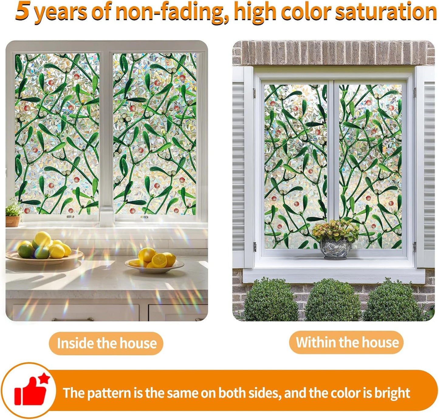 Window Privacy Film Stain Glass Window Film Rainbow Window Film Window clings Non-Adhesive Reusable Decorative for Room (Mistletoe Rainbow, 45.27 x 157.4 in)