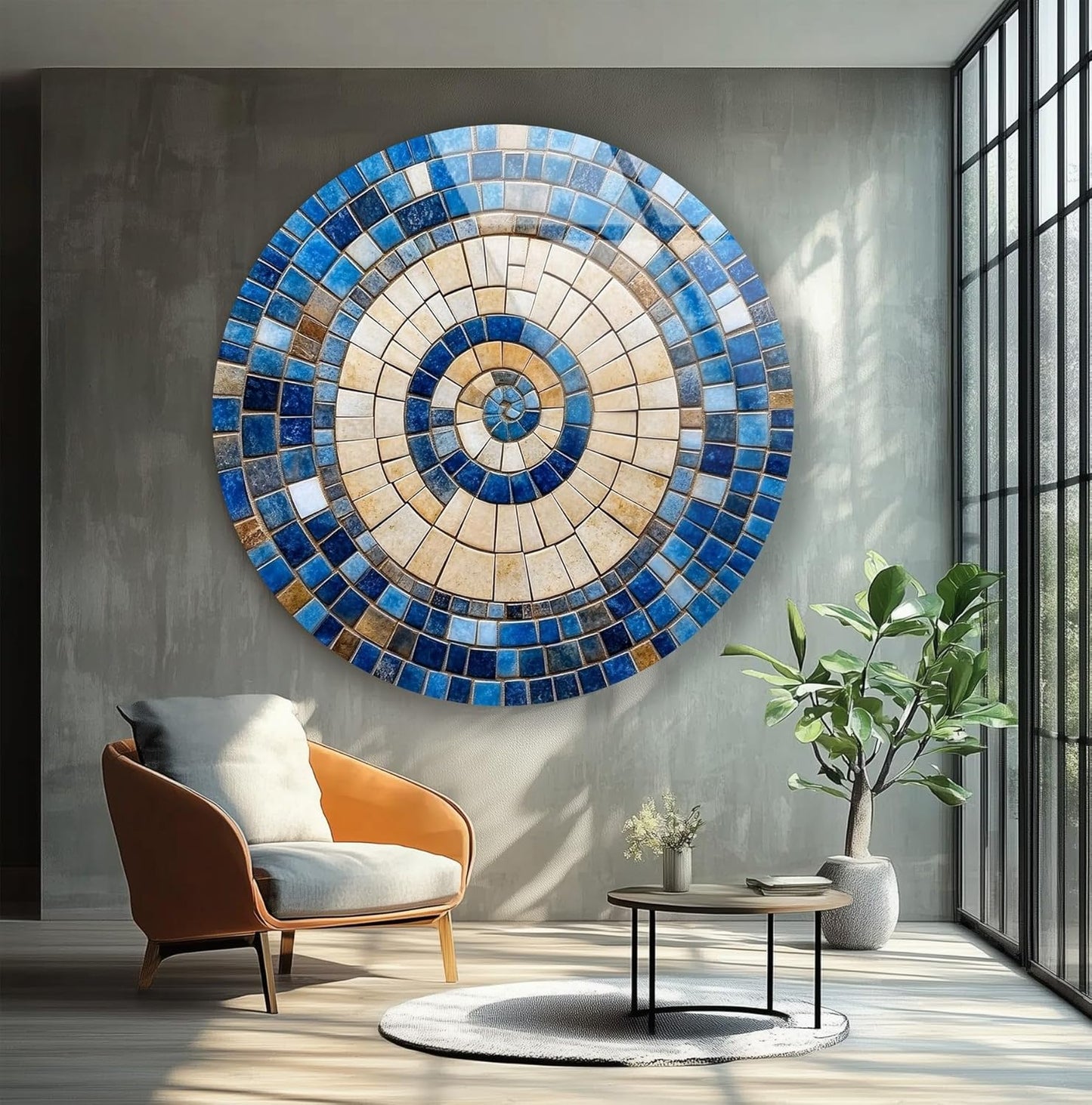 My Photostation.com 39,4''(100cm) Diameter Coastal Sunburst Beige & Blue Round Glass Wall Art Tempered Glass Printing Wall Decor Large Wall Art Wall Hangings