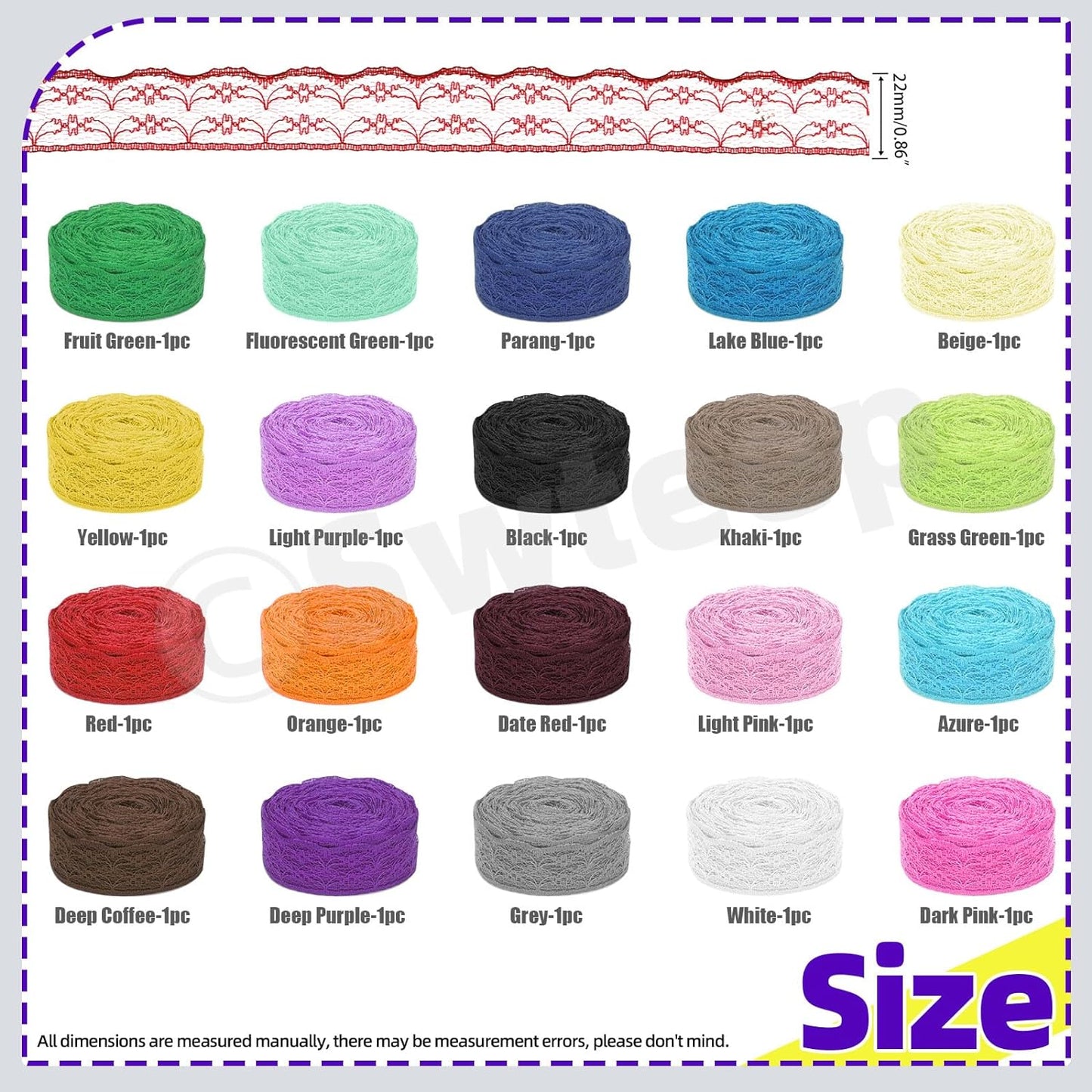 Swpeet 20 Rolls in Total 200 Yards 2.2cm×10 Yards Colorful Lace Ribbon Unilateral Floral Pattern Fabric Lace Ribbon, Lace Trim Ribbon Crafting Lace for Wedding Decorating, Sewing Gift Wrapping