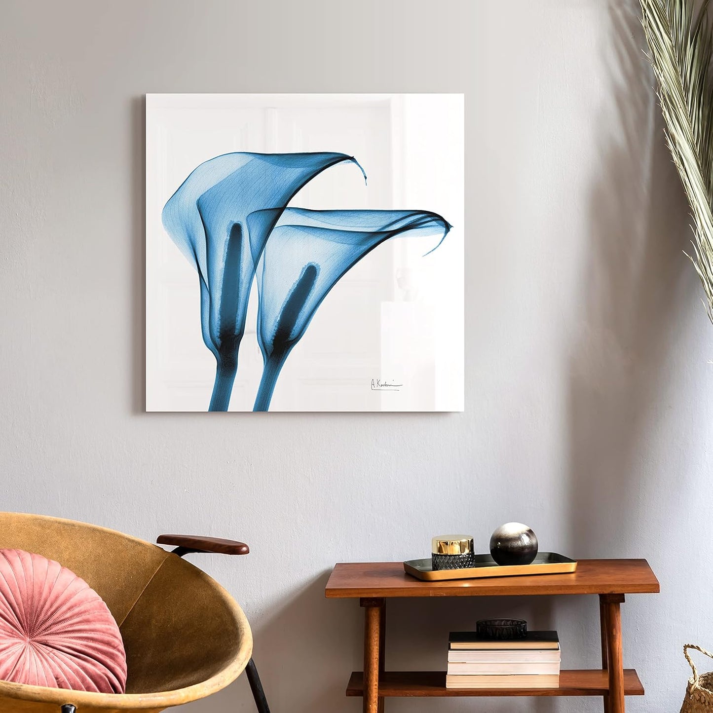 Empire Art Direct Frameless Free Floating Tempered Glass Panel Graphic Wall Art Ready to Hang, 24" x 24", Indigo Calla Lililes, Blue Flower