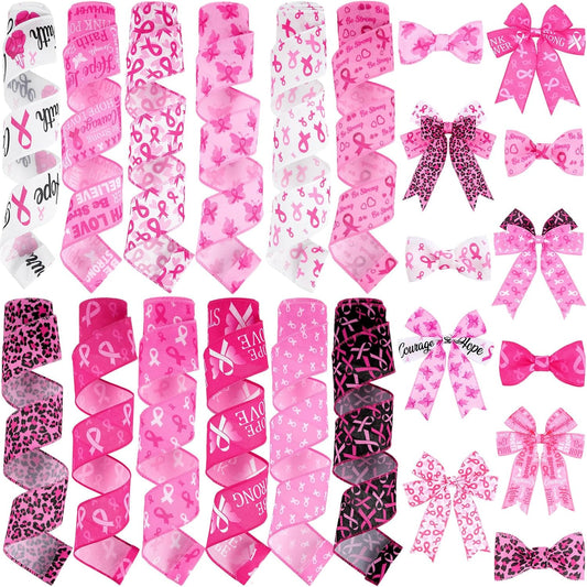 12 Rolls 60 Yards Breast Cancer Awareness Wired Edge Ribbon Pink Butterfly Patterned Ribbon Faith Hope Love Bow Making Craft Wrapping for Women Gift Wrapping Activities Home Accessories Decor