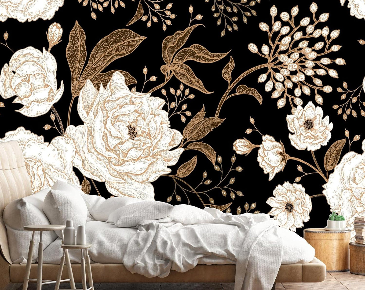 Wall Mural Peonies and Roses Floral Vintage Wallpaper Seamless Gold White Flowers Wall Coverings for Living Room Bedroom Kids Room（Not Peel and Stick）
