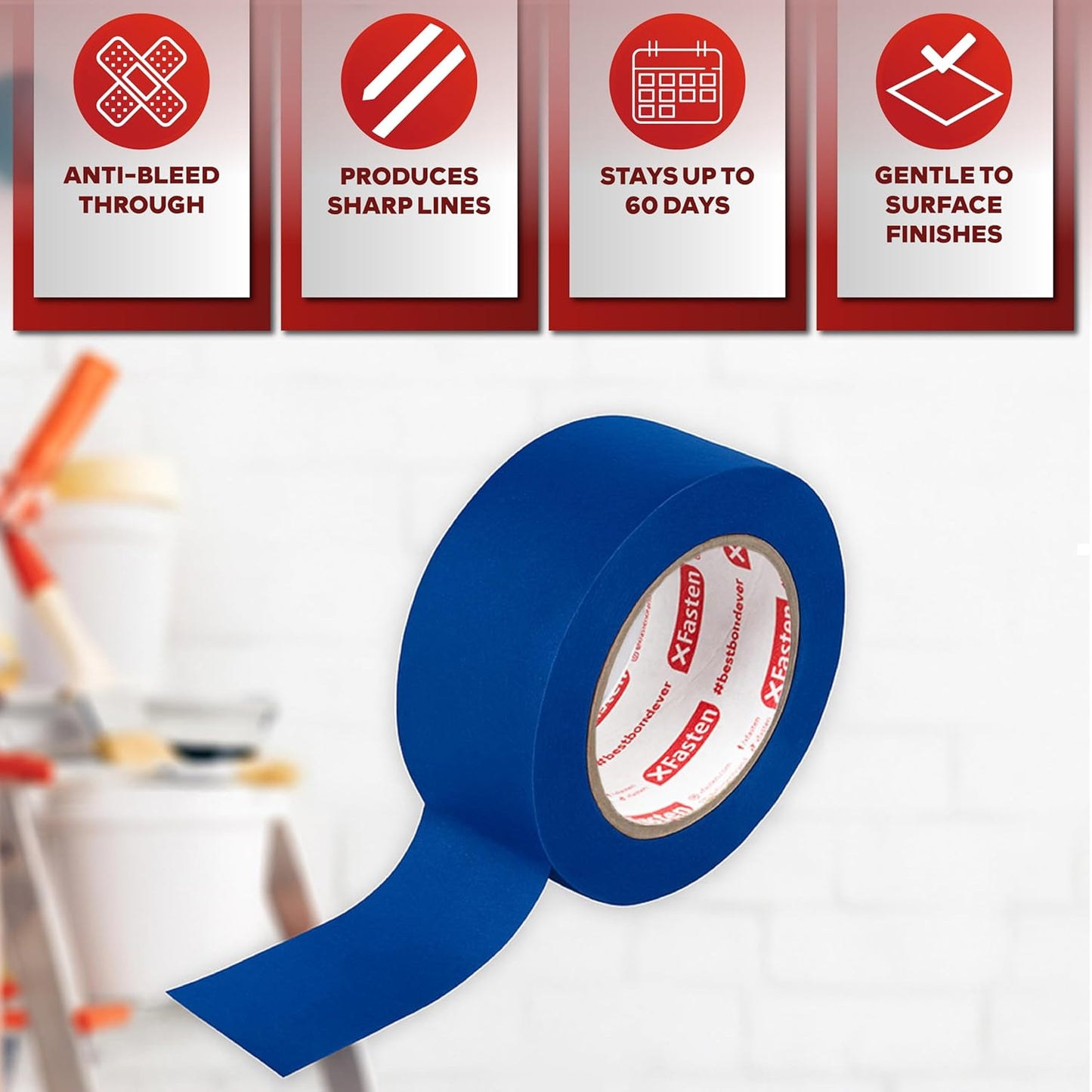 XFasten Professional Blue Painters Tape, Sharp Edge Line Technology, 2" by 60 Yards (Single Pack) - Produces Sharp Lines and Residue-Free Artisan Grade Clean Release Wall Trim Tape