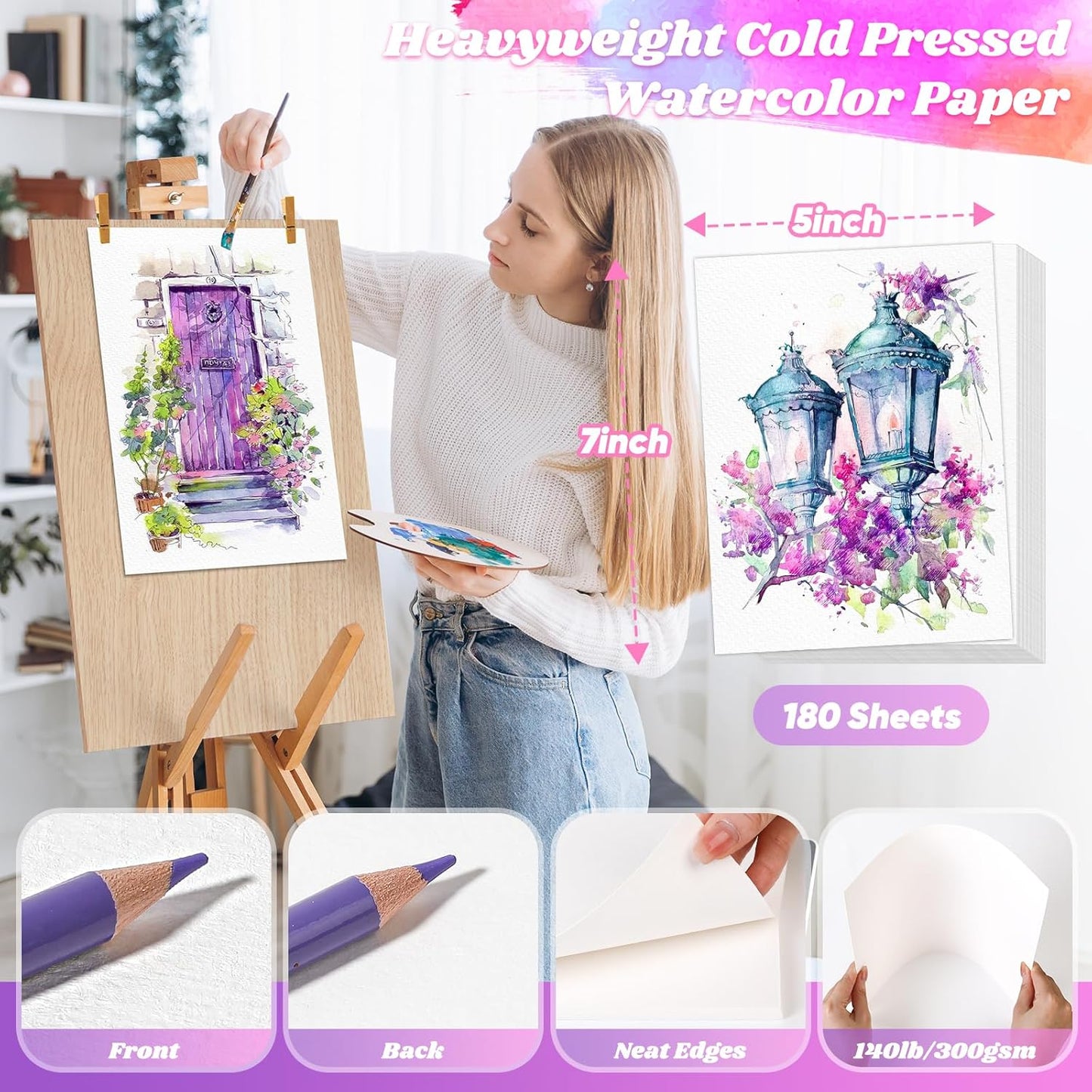 180 Sheets Watercolor Paper, 5"x7" White Water Color Paper Bulk, 140lb/300gsm Artist Drawing Coloring Supplies for Adults, Watercolors, Paint Set, Canvas Painting, DIY Projects, Valentine Gift Cards