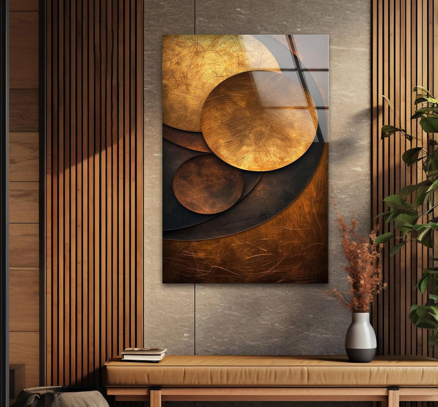 My Photostation.com 27Wx43H'' Bronze Art Deco Geometric Motifs Glass Wall Art Tempered Glass Printing Wall Decor Large Wall Art Wall Hangings