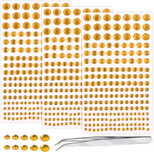 Self Adhesive Face Gems and Pearls for Makeup, Festival Jewels, Hair Gems Pearls, 3/4/5/6/8 mm Round Rhinestone Stickers for Face, Eye, Makeup, Body, Crafts 591Pcs (12_Gold)