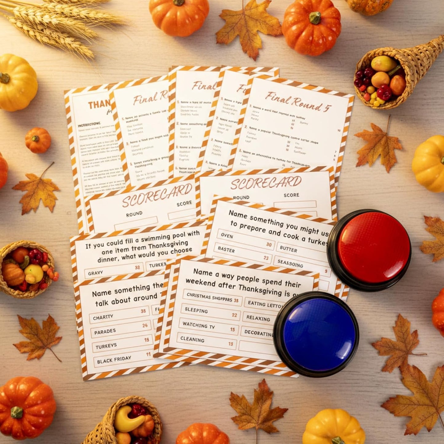 Thanksgiving Day Friendly Feud Game with 2 Answer Buzzers, Fall Holiday Feud Cards for Family Game Night Fun Trivia Quiz for Autumn Pumpkin Party Office Class Groups Team Building